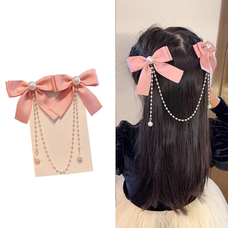 New Elegant Pearl Bow Tassel Hair Clips Solid Velvet Hair Claw Children Princess Hairpins Hair Accessories Заколка Для Волос