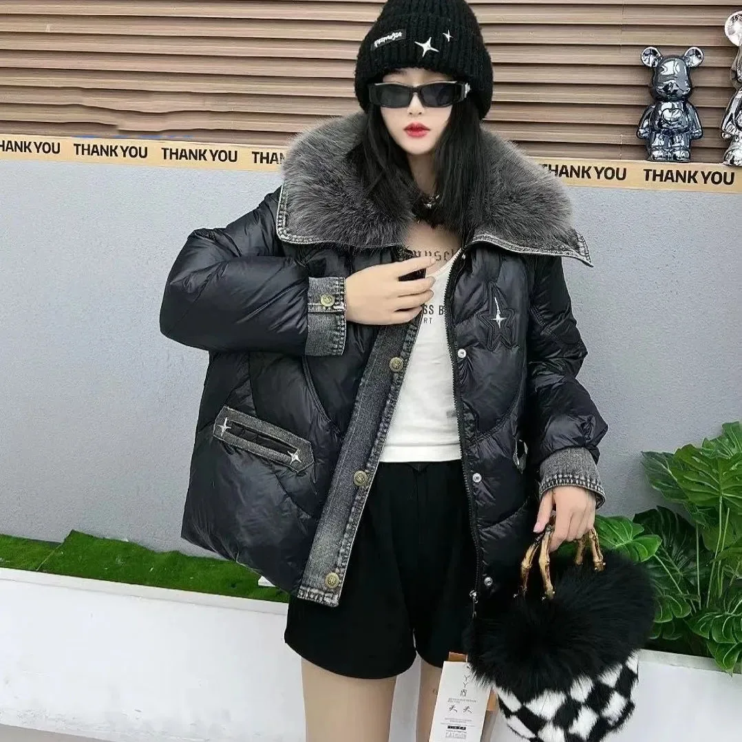 2025 Winter New Down Coats Jacket Womens Denim Patchwork Casual Trend Outerwears Large Fur Collar Thick Warm Short Down Jackets