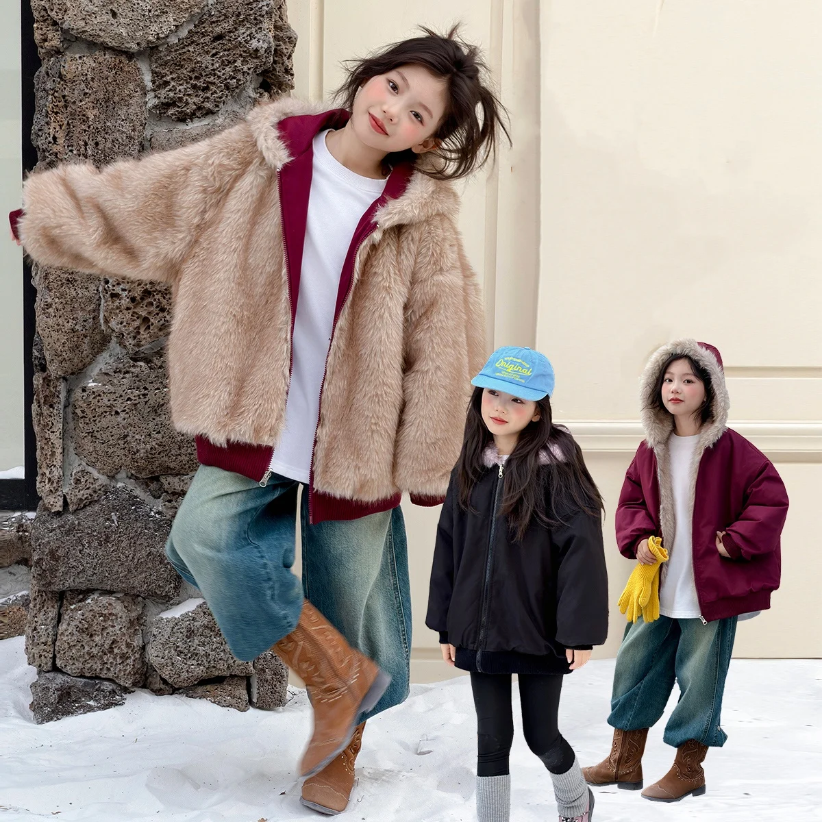 

Double-Sided Warm Fur Coat Child Autumn Winter Loose Thicken Plush Cotton Coat 2025 New Girl Hooded Imitation Mink Fur Outwear