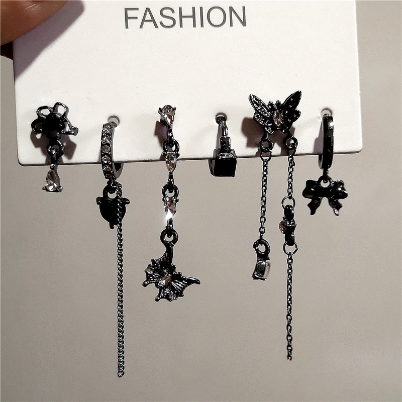 6PCS SET Goth Black Butterfly Crystal Tassel Chain Pendant Earring For Women Vintage Aesthetic Trendy Y2K Jewelry Gift Brincos