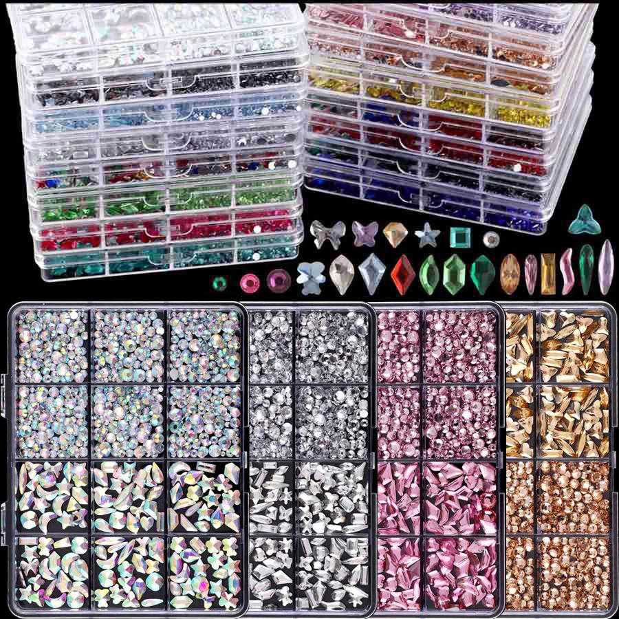 12 グリッドフラットボトムラインストーン爪用混合形状ガラスクリスタルネイルアート高級チャームキット DIY ネイルデコレーションアクセサリー