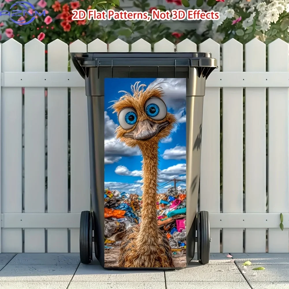of a Colorful Sticker Featuring a Curious Ostrich, Designed for Wheelie Bins. It Has a Self-Adhesive, Easy to Peel And Stick G
