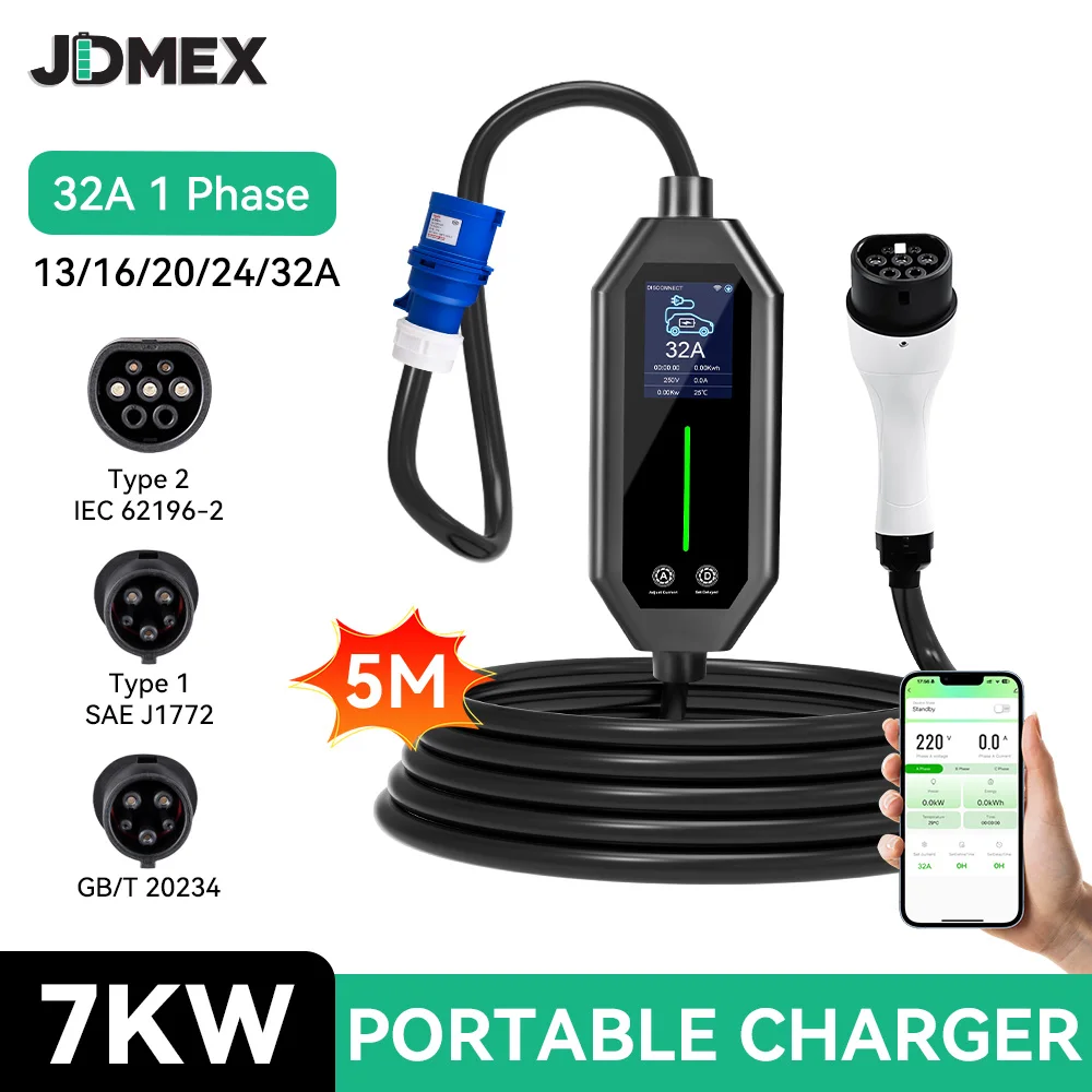 

JDMEX Electric Vehicle Charger 7KW EV Portable Charger TYPE2 TYPE1 GBT EVSE Wallbox Charger 32A 1Phase Fast Charging APP Control