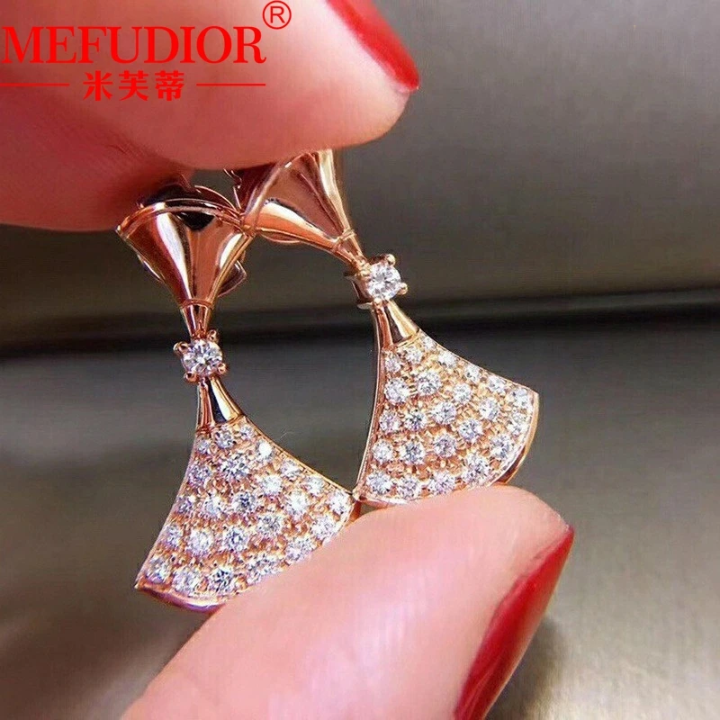 Real 18K Gold Fan Shape Stud Earrings Natural Full Diamonds Drop Earrings White/Rose/Yellow Gold Jewelry for Women Luxury Gifts