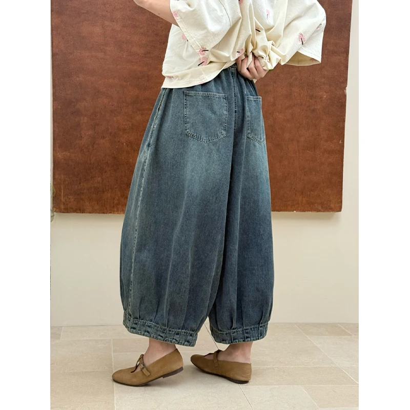 Masss Wasss Korean Vintage Denim Pants Ladies 2026 Fashion Loose Soild Trousers Womens Summer Classic Causal Elastic Waist Jeans