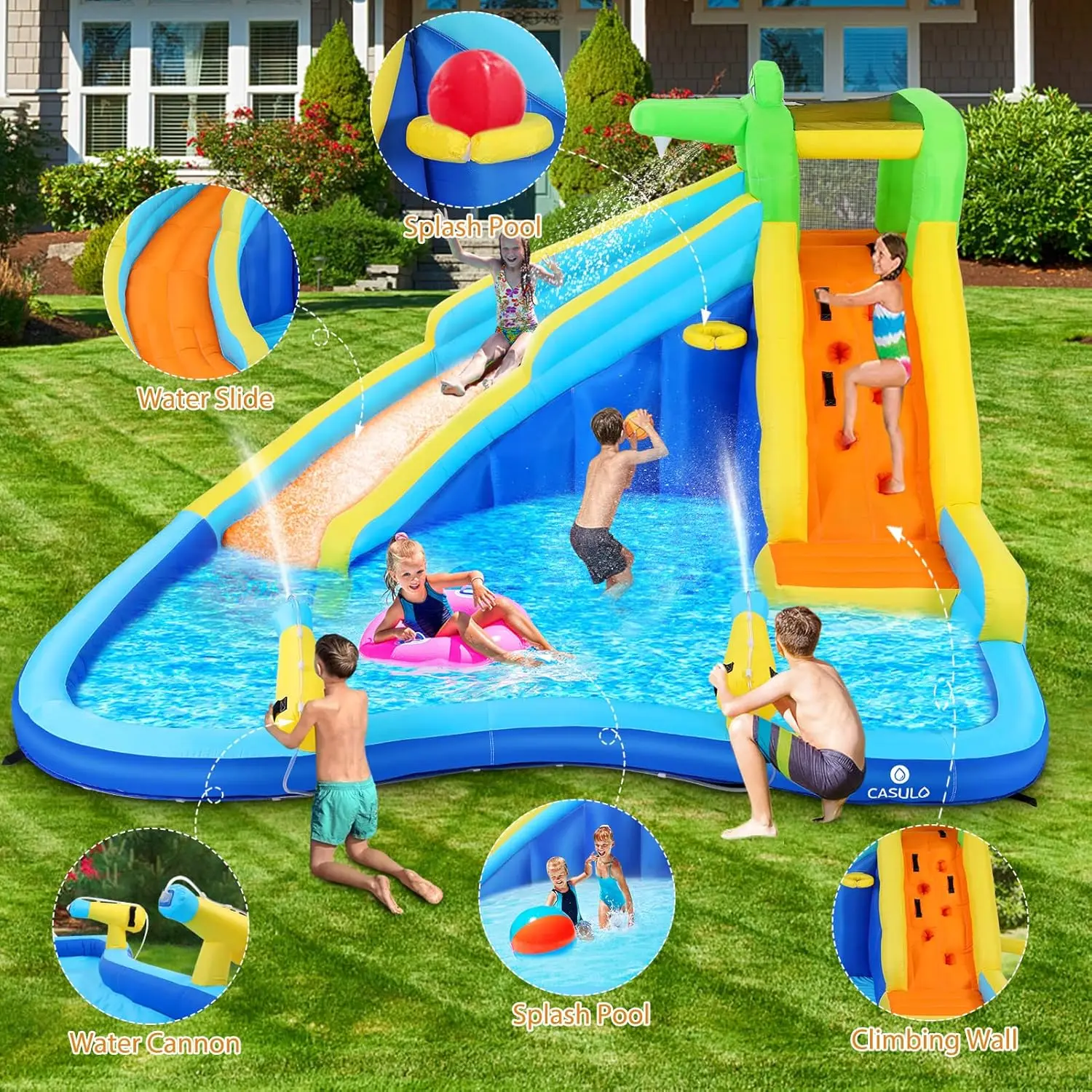 Corrediça de água inflável, parque aquático inflável ao ar livre 8 em 1 com escalada, aro de basquete, piscina de respingo, canhão de água, explosão W