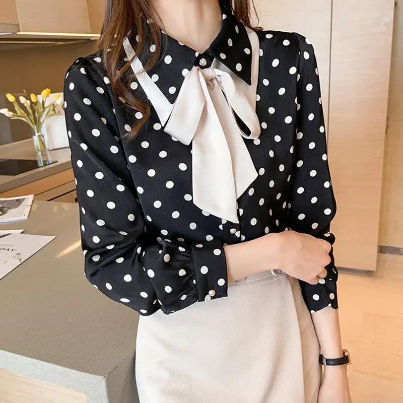 Womens Clothing Autumn Bandage Long Sleeve Shirt Fashion Sweet Polo-Neck Polka Dot Printing Single Breasted Chiffon Loose Blouse