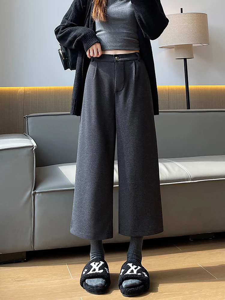 Hoge taille rechte pijp wollen casual broek dames herfst winter mode afslankende wijde pijpen broek (7 voet)
