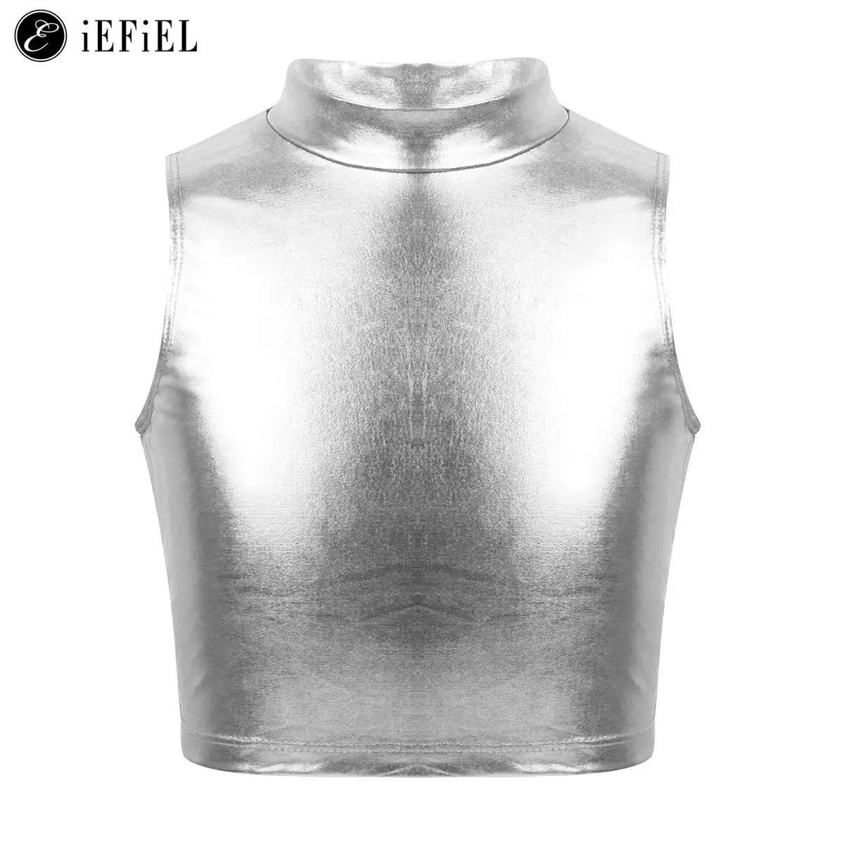 

Kids Girls Shiny Metallic Sleeveless Turtleneck Tank Tops Cami Ballet Jazz Modern Dance Stage Performance Costume Dancewear