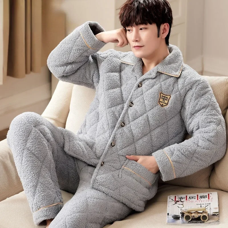 2024 New Winter Men Three-layer Cotton Coral Velvet Pajamas Thickened Warm Nightwear Loose Loungewear Flannel V-neck Sleepwear