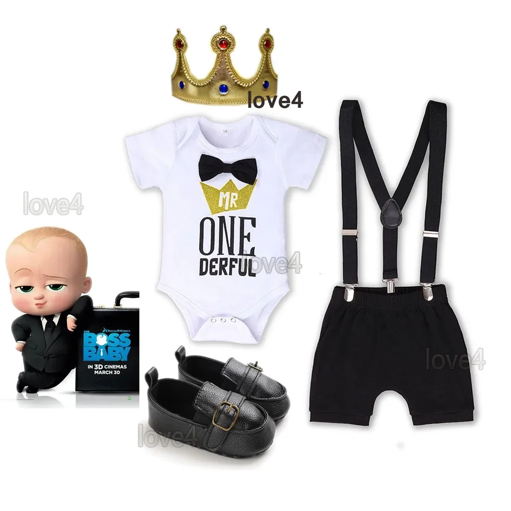 

Cute Princes Baby Clothes Set First Birthday Cake Smash Outfit Prince Romper Bodysuits with Suspender PP Shorts Crown Photograph