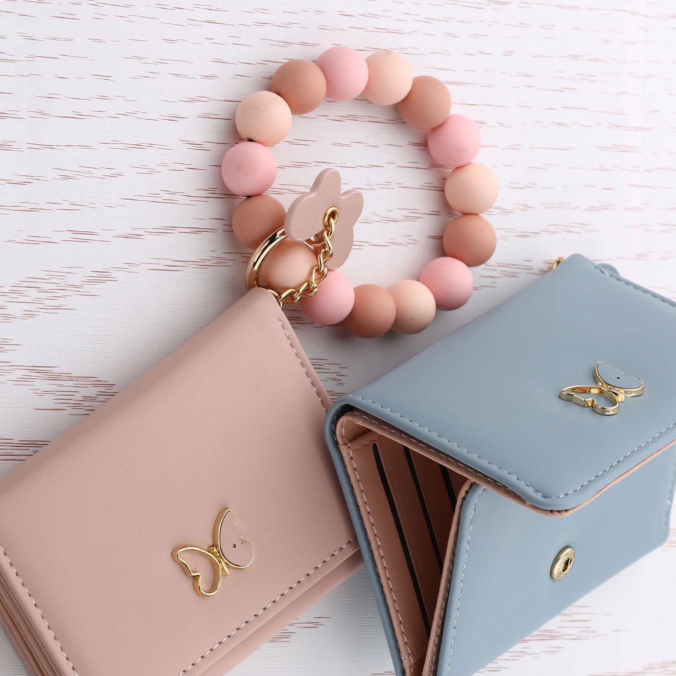 Silicone Bead Bracelet Solid Leather Card Bag Wristlet Keychain Silicone Beaded Bracelet Leather Tassel Butterfly Wallet Bangle