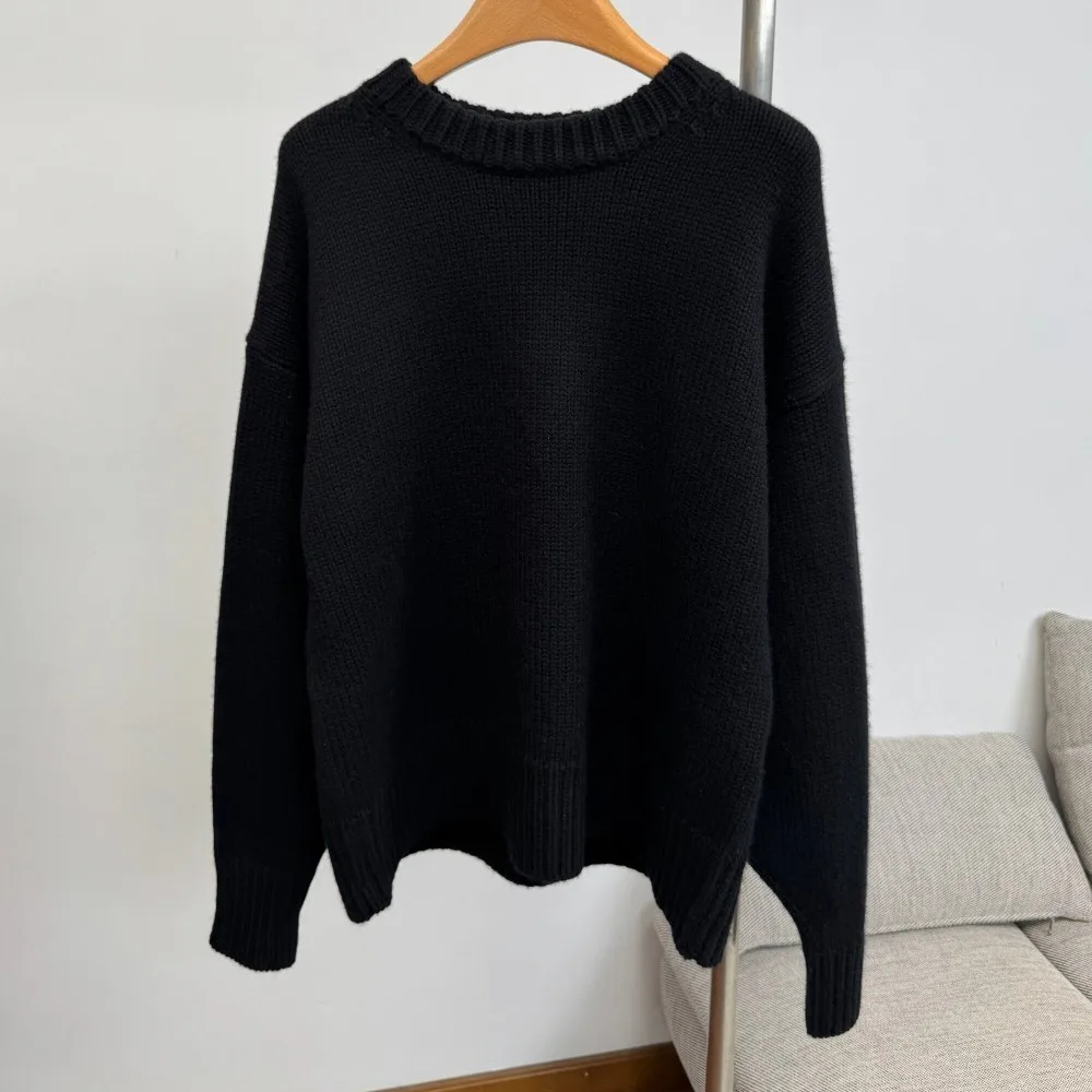 Niche-style Chunky Wool-cashmere Pullover Drop-shoulder Crew-neck Knit Sweater