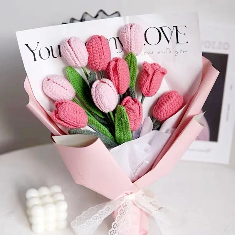 수제 뜨개질 튤립 크로셰 인공 꽃, 코튼 웨딩 홈 데스크탑 장식, 부케 생일 선물, 6 개