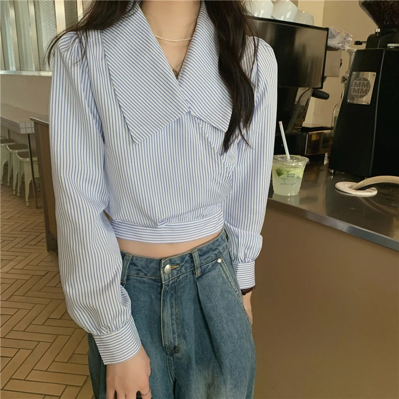 Striped Women Shirts Korean Bow Lace Up Slim Female Casual Blouse Autumn New Preppy Style Sweet Chic Ladies Crop Tops