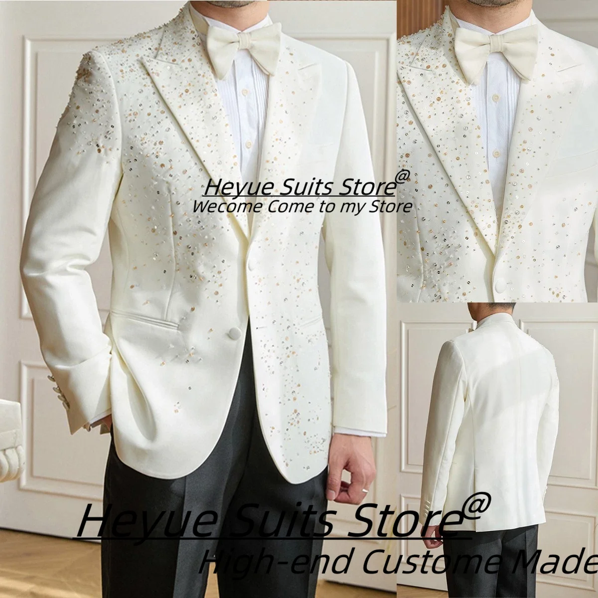 

Fashion Pearls Men Suits Luxuly Slim Fit Peak Lapel Groom Wedding Tuxedos 2 Pieces Sets Male Prom Blazers Formal Costume Homme