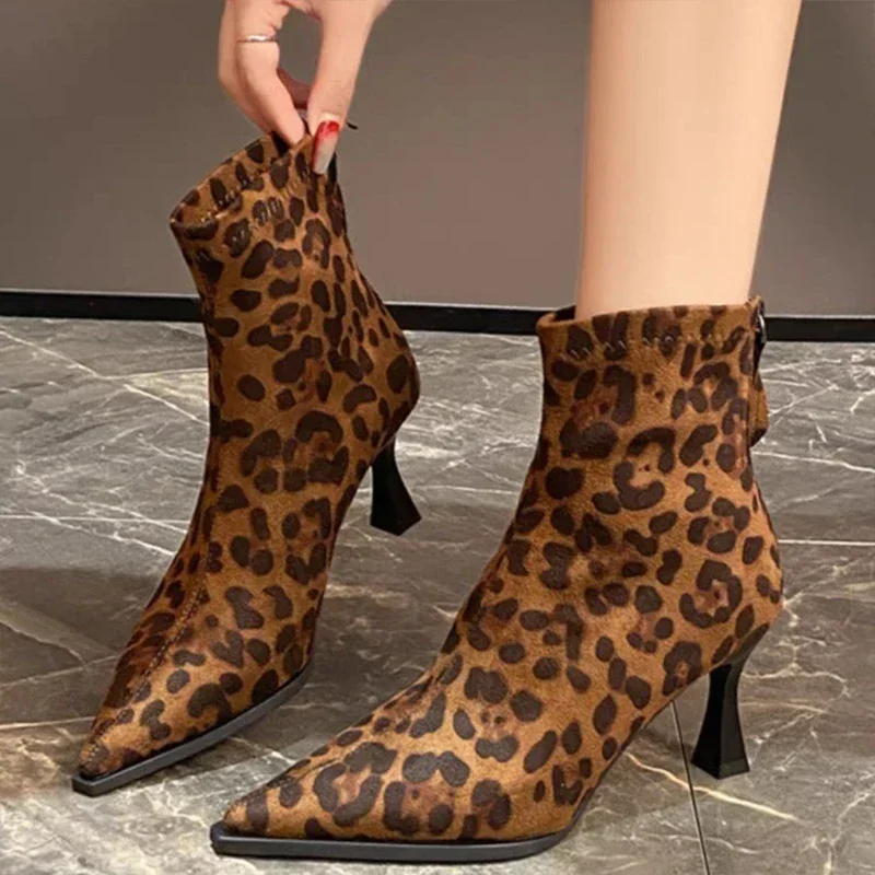 High Heels Ankle Boots Women Leopard Pointed Toe Shoes Winter New 2024 Trend Chelsea Snow Botas Pumps Fashion Sexy Zapatos Mujer