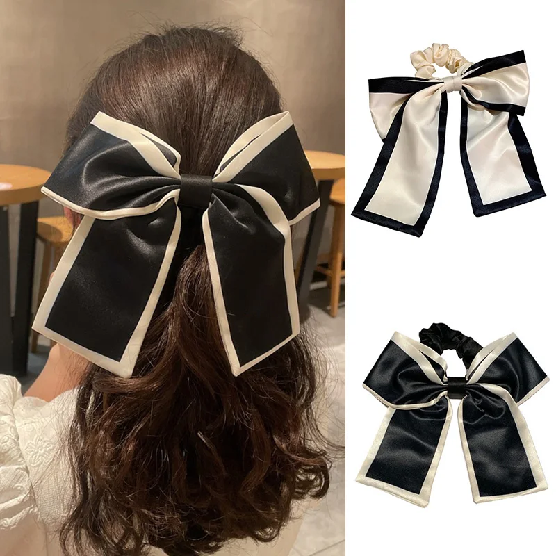 Silk Large Bow Hair Bands Hair Scrunchie Girl Streamers Hair Tie Ponytail Holder Elastic Hair Girl Satin Ribbon French Hair Rope