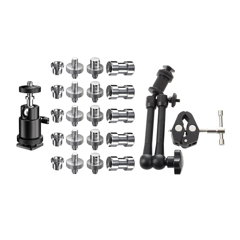 2Set Parts: 1Set 11 Inch Friction Articulating Magic Arm & 1Set Camera Screw, 21 Pcs 1/4 Inch 3/8 Inch Converter Screws