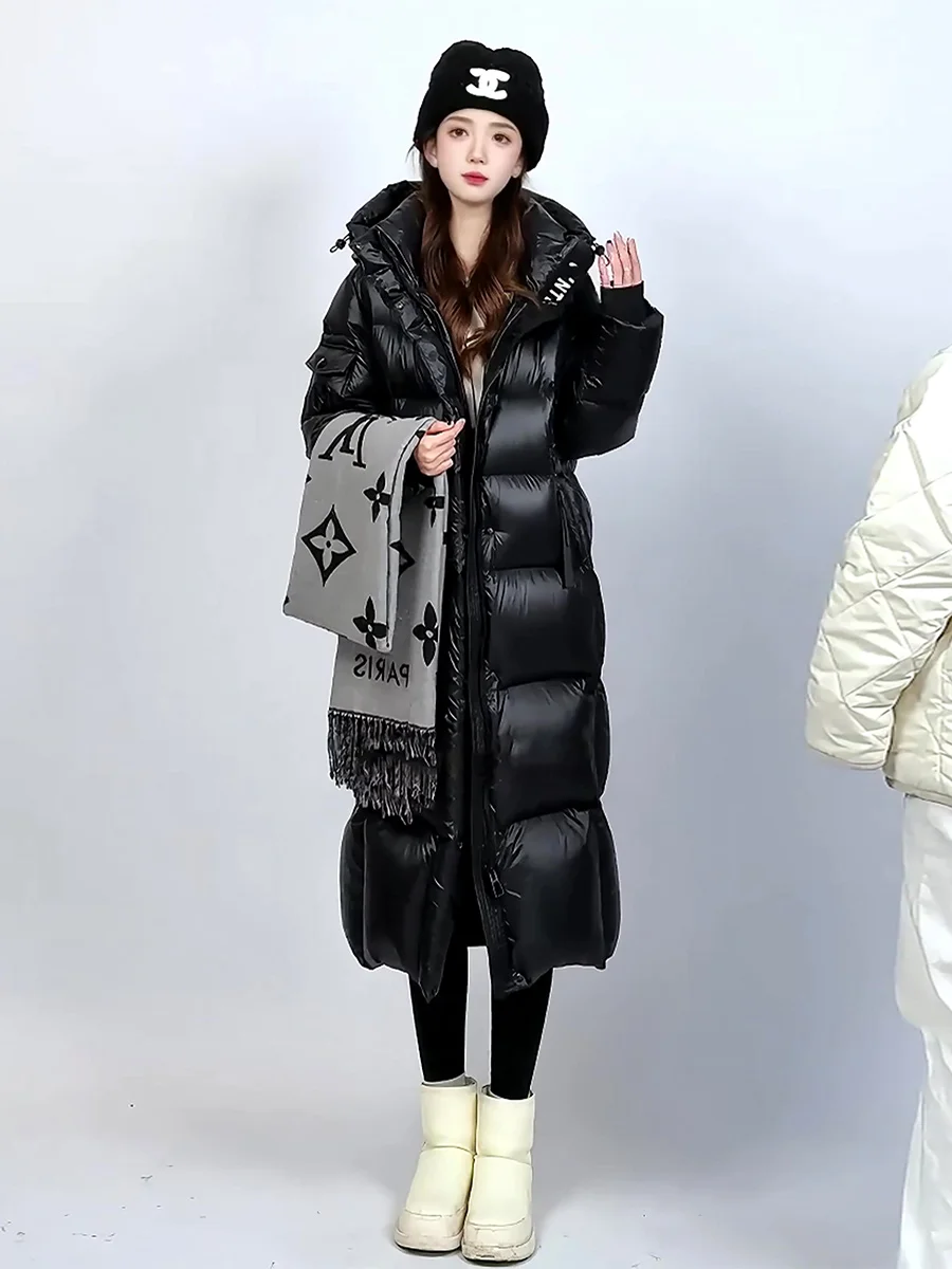 

Ультратеплое длинное белое пуховое пальто для женщин: модное зимнее утепленное пальто для поездок на работу с капюшоном