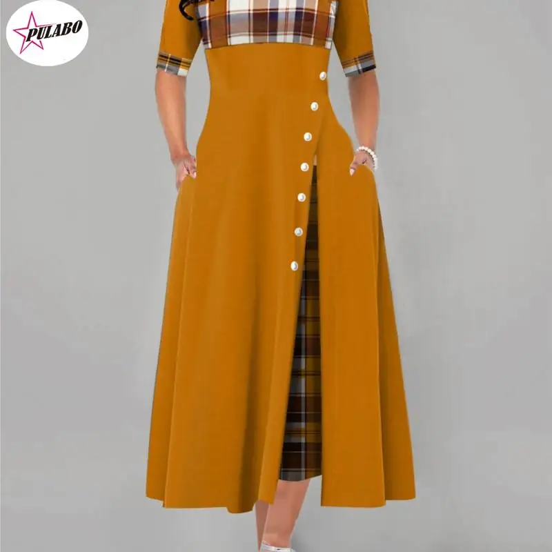 PULABO 4xl 5xl Donna Elegante Lungo Plaid Stampa Abiti da festa Irregolare Ladies Vintage Button Dress Patchwork A-Line Femminile