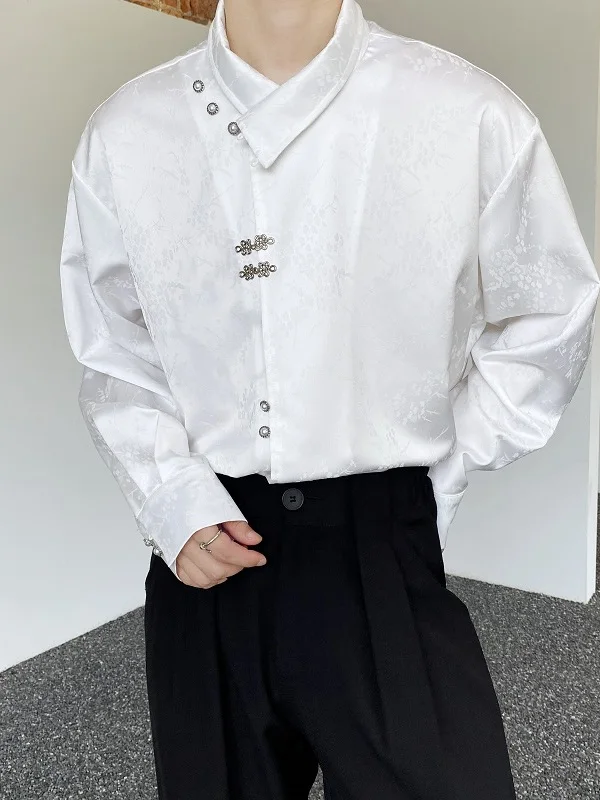 

Retro Metal Button Silk Long Sve Stand Collar Men's irt Chinese Sle National Trend k Pattern Irregular Design