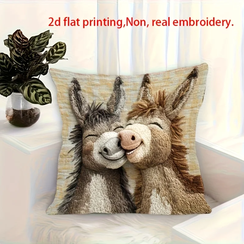 Cute Smiling Donkey Couple Pillow Cover Faux Embroidery Print Soft Cozy for Sofa Bed Living Room Farmhouse Rustic Decor Gifts