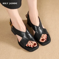 New Summer Women Sandals Genuine Leather Shoes for Women Open Toe Slingback Shoes Round Toe Chunky Heel Beige Gladiator Shoes