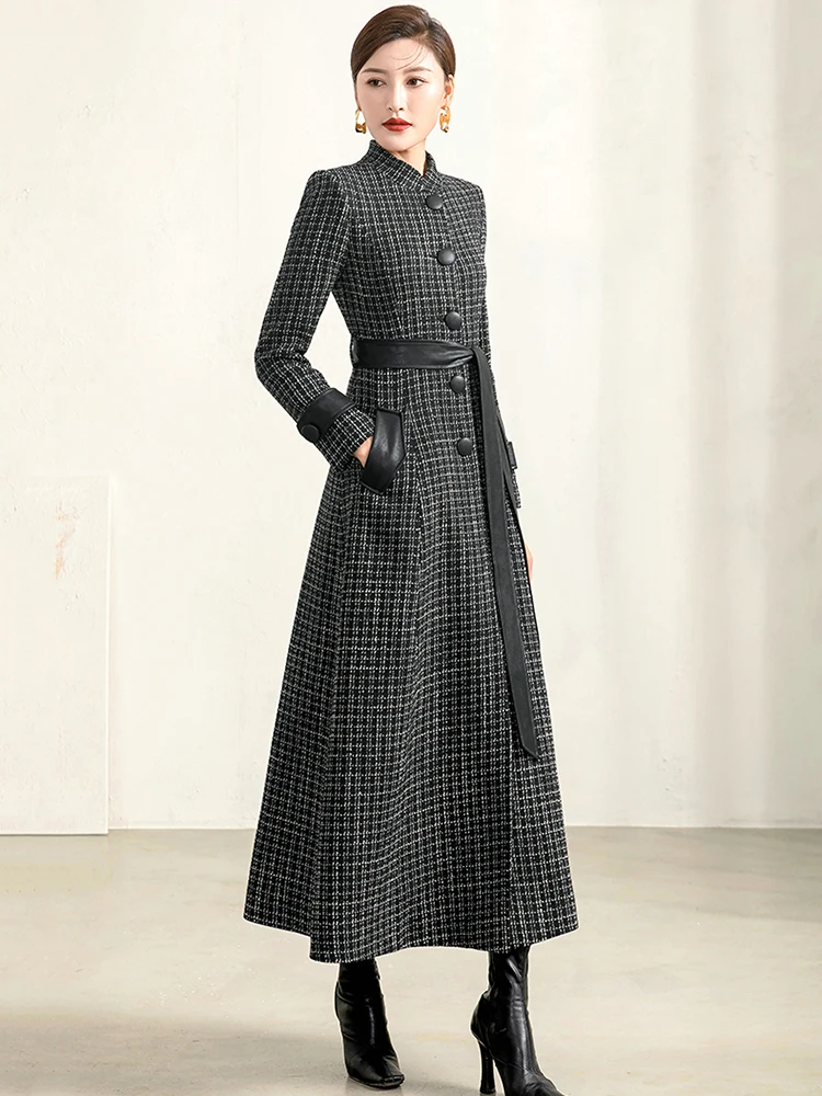 Pop Women Black Houndstooth Woolen Coat Spring Autumn Fashion Hepburn Style Stand Collar Slim Long Plaid Wool Blends Overcoat