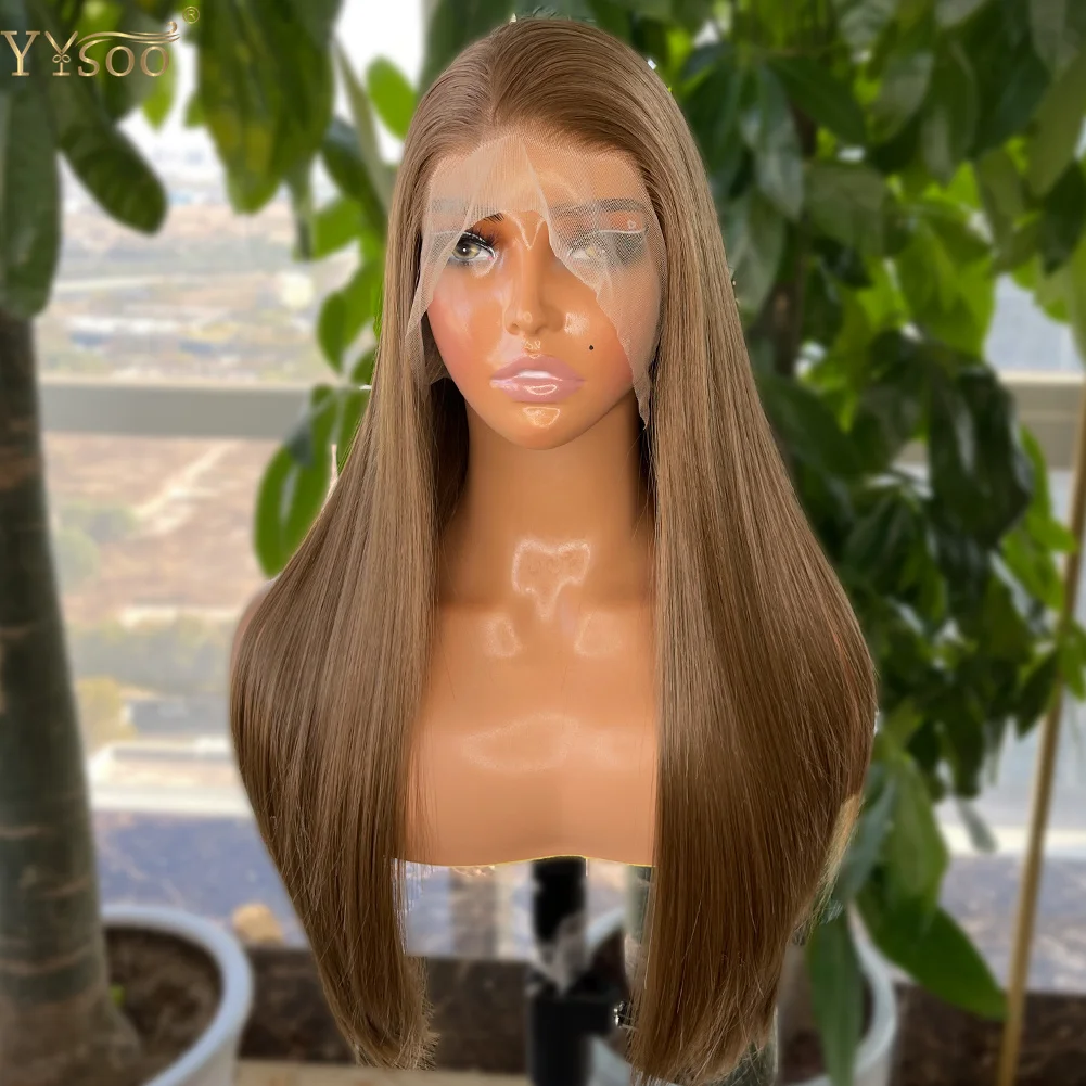 YYsoo 10# Long Silky Straight Brown Color Synthetic Full Lace Wigs for Women Heat Resistant Japan Futura Hair All Hand Tied Wig