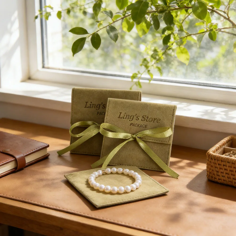 

50 шт., сумка-конверт для ювелирных изделий из микрофибры с логотипом и лентой, свадебный сувенир, косметическое мыло, нож, вилка, подарочная упаковка, бархатный мешочек