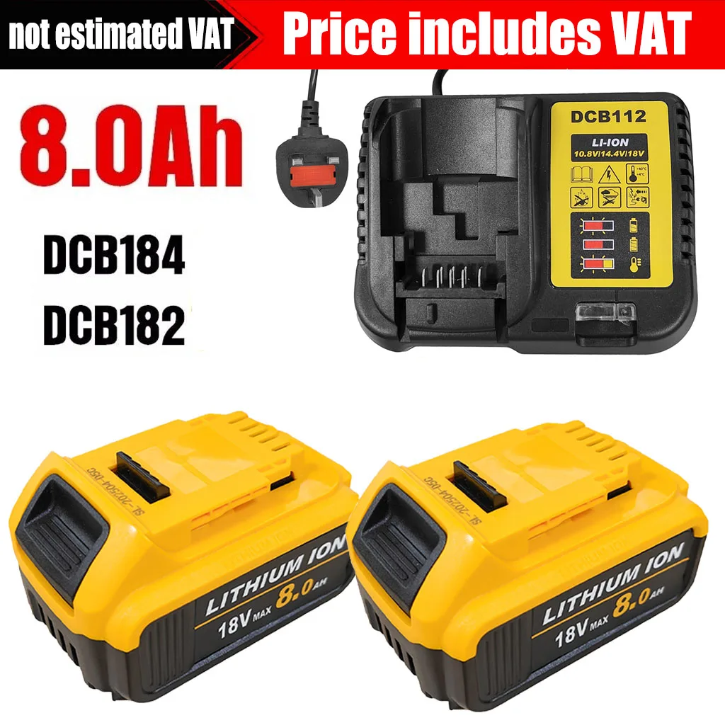 2pack Battery Charger Replace for 10.8V-18V Dewalt  18V XR 8.0Ah Li-ion DCB200 DCB184 DCB182 COMBI Slid
