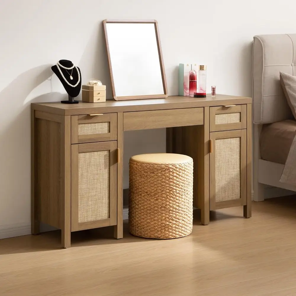 

Rattan Vanity Home Oice Desk - 52" Large armhouse Boho Makeup Vanity Dring Table with 3 Ders & 2 Storage Cabi, Vanities Desk or