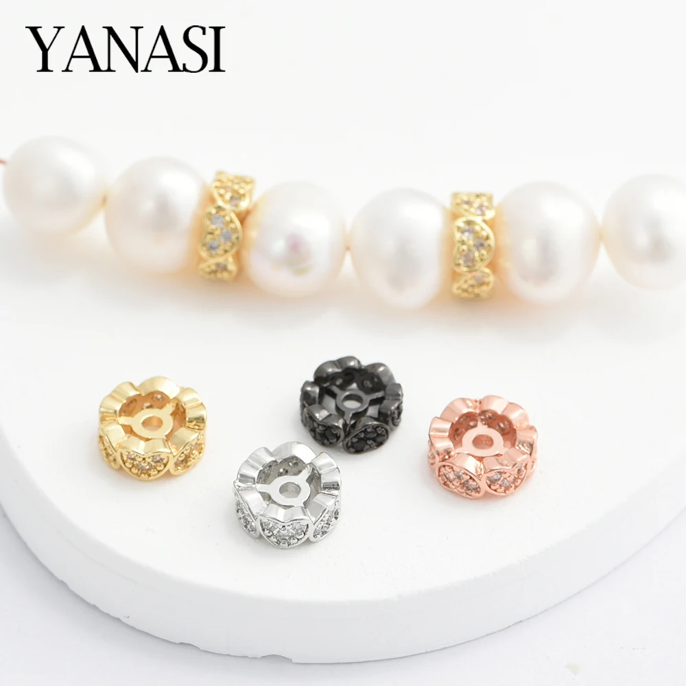 4PCS Gold / Rhodium Plated Brass Round Heart Spacer Beads With Zircon Beads Separators Jewelry Making Supplies DIY Accessories