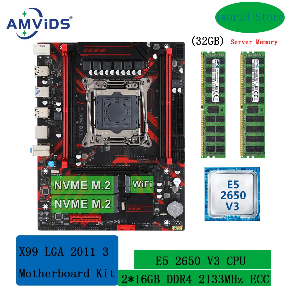 

kit xeon x99 motherboard e5 2650 v3 processor and 32GB(2*16GB) 2133MHz DDR4 ECC REG memory combo LGA 2011 v3 Set M.2 NVME