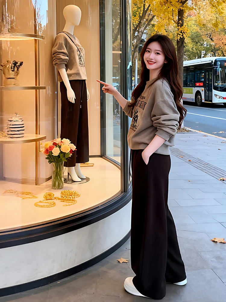 Ele Anti-Aging Fce-Lined Hoodie Wide Leg Pants Two-Piece Set Women's Faionable Streetwear Autumn New Arrival