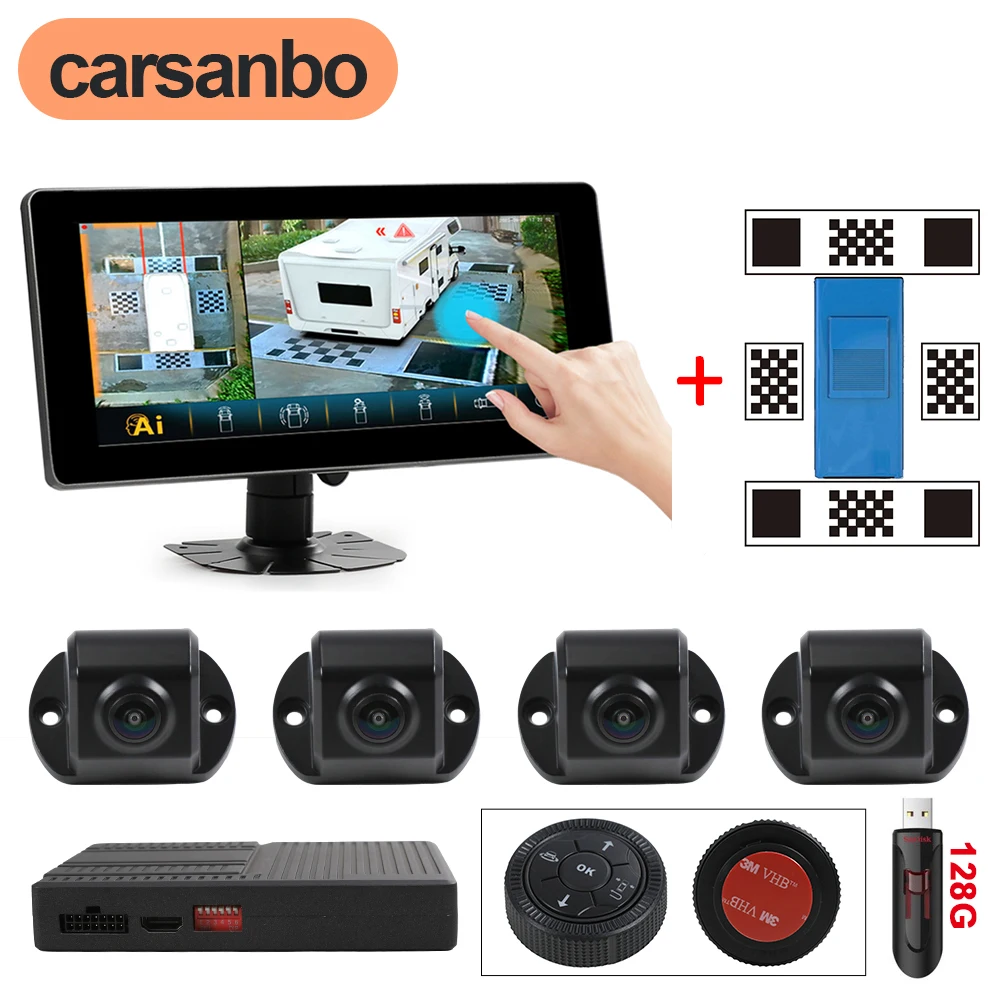 Carsanbo 10.25 inch 4 Way Car Camera System 360° Surround View Parking Monitor Touch Screen 1080P AHD DVR for Truck/ Bus/ RV/VAN
