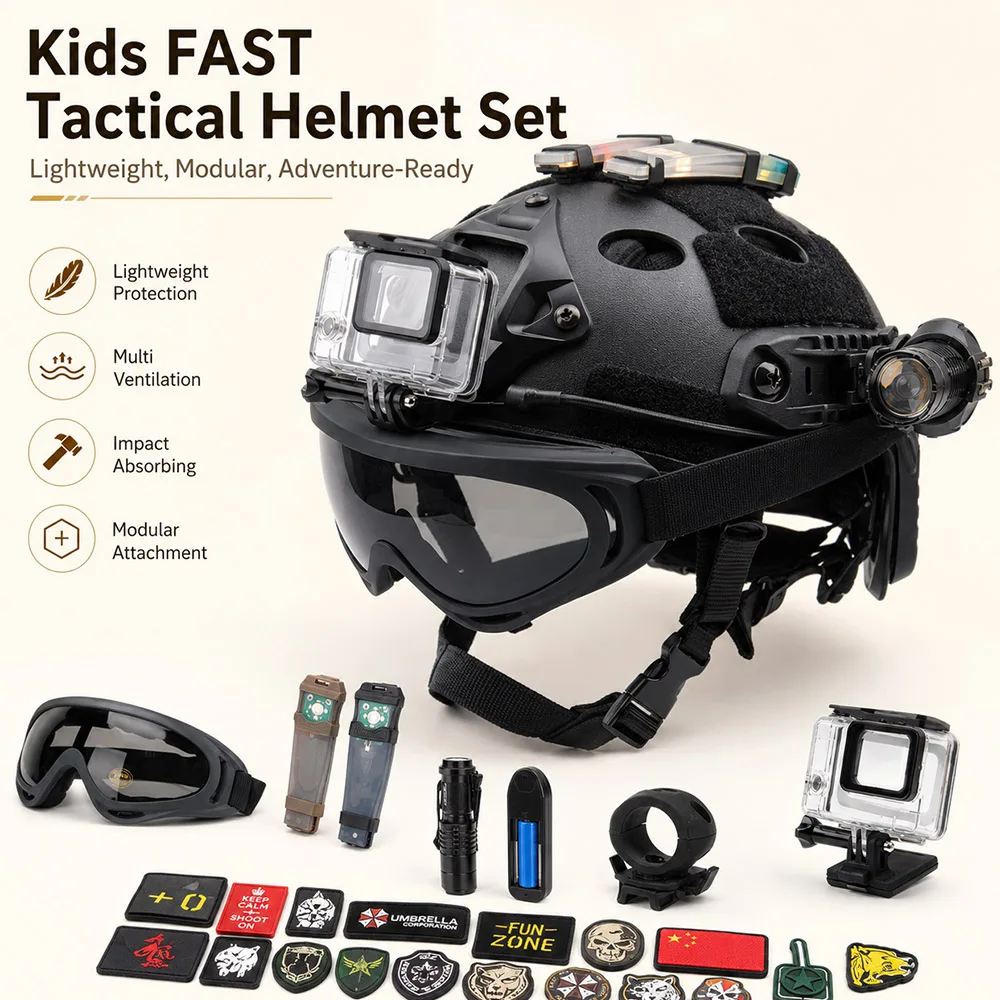 Kids FAST Tactical Helmet Set with Windproof Goggles Signal Light Camera Mount for Outdoor Sports Wargame CS Cosplay Adventure