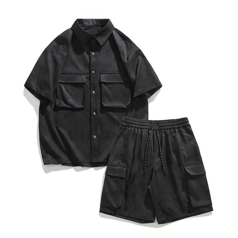 Summer New American Retro Multi Pocket Short Sleeve Shirt Set for Men's Casual Loose Sports Breathable Large Two Piece Set