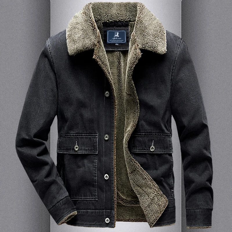 

Winter Thiened Fce Lined Denim Cotton Jaet Men's Outerwear Multi-ket Coat Warmth Retention Large Size Cotton Coat