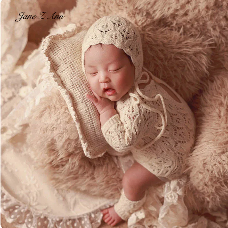 

Newborn French lace photography outfit set baby girl Christening style ruffle bonnet hollow romper+socks infant photo props
