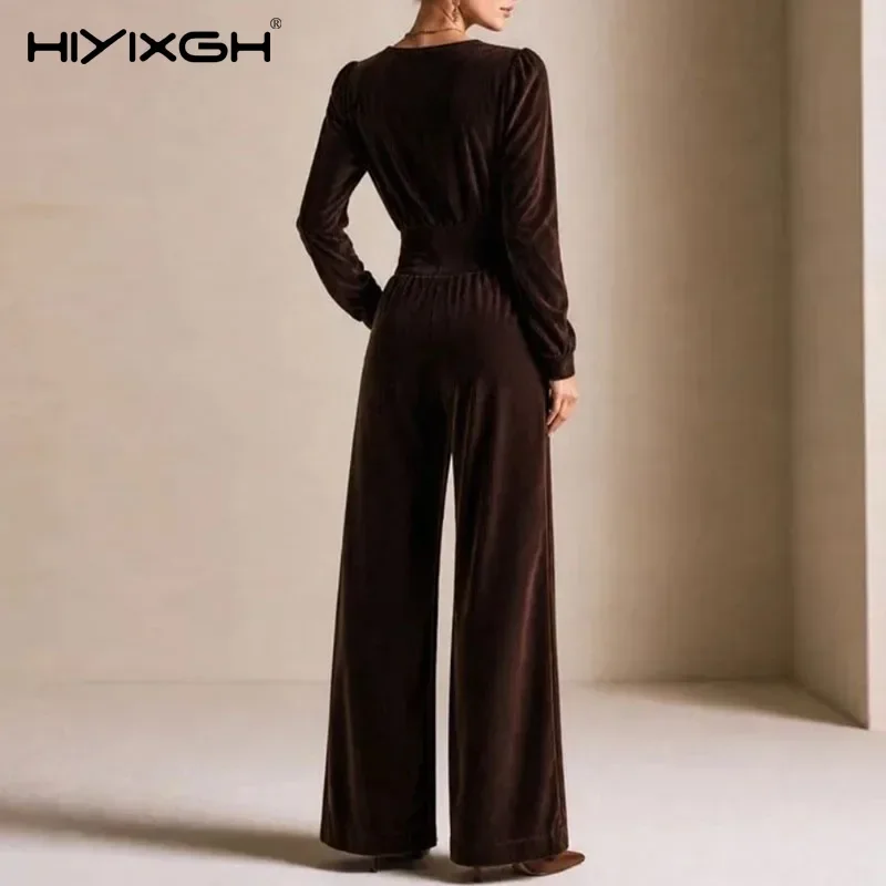Women Corduroy Jumpsuit Notch V Neck Long Sleeve Buttons High Waist Solid Slim Romper Pockets Elegant Fall Winter Party Overalls