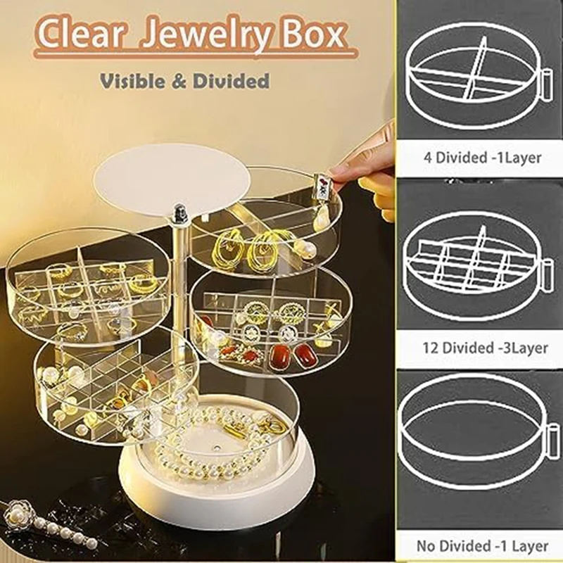 Rotable Clear Earring Organizer Box 5 Layers Jewelry Organizer Storage Box Hair Tie Container Holder Different Size White