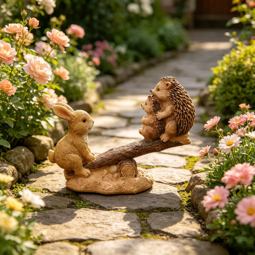 1-Piece Cute Rabbit and Hedgehog Slide Statue Ornament, Suitable for Succulent Plants and Fairy Gardens, Whimsical Office, Yard, and Balcony Decorations, Christmas and Halloween Gifts