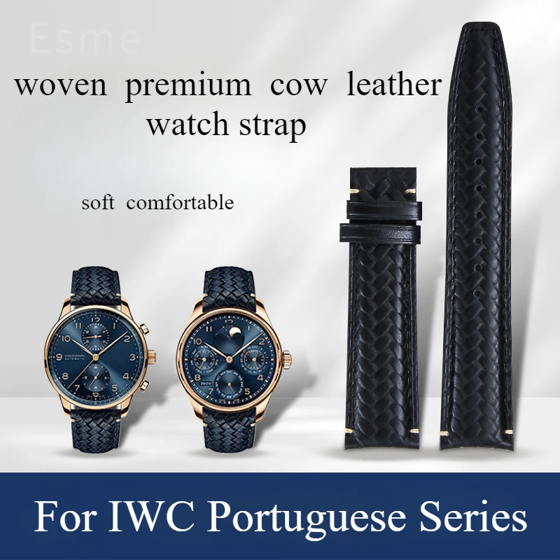 Woven Genuine Cowhide Watch Accessories for IWC Portuguese Series IW344205 IW503312 Waterproof Breathable Watchbands 20 22mm