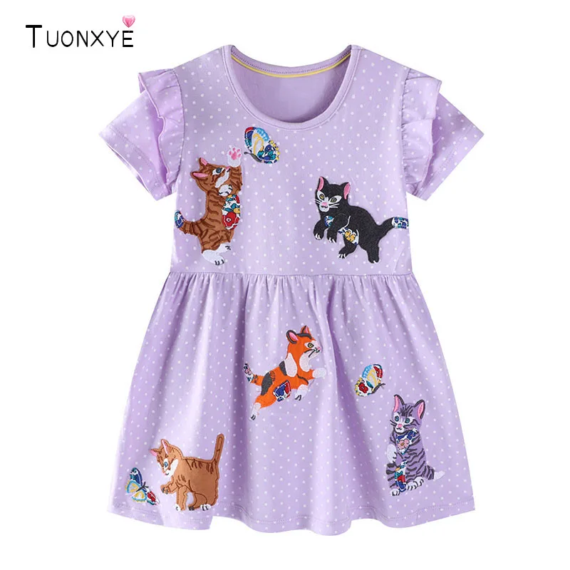 TUONXYE Cotton Girls Dress Cartoon Cat Embroidery Polka Dot Short Sleeve Ruffle Kids Summer Princess Dresses for Little Girl