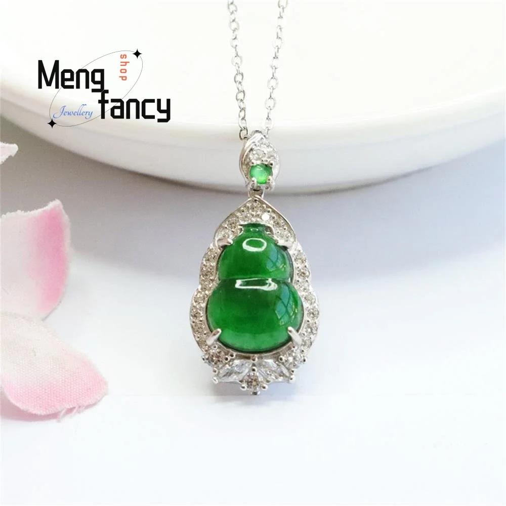 

S925 Silver Inlaid Natural Jadeite Ice Type Imperial Green Gourd Pendant Exquisite Elegant High-grade Charm Fashion Fine Jewelry