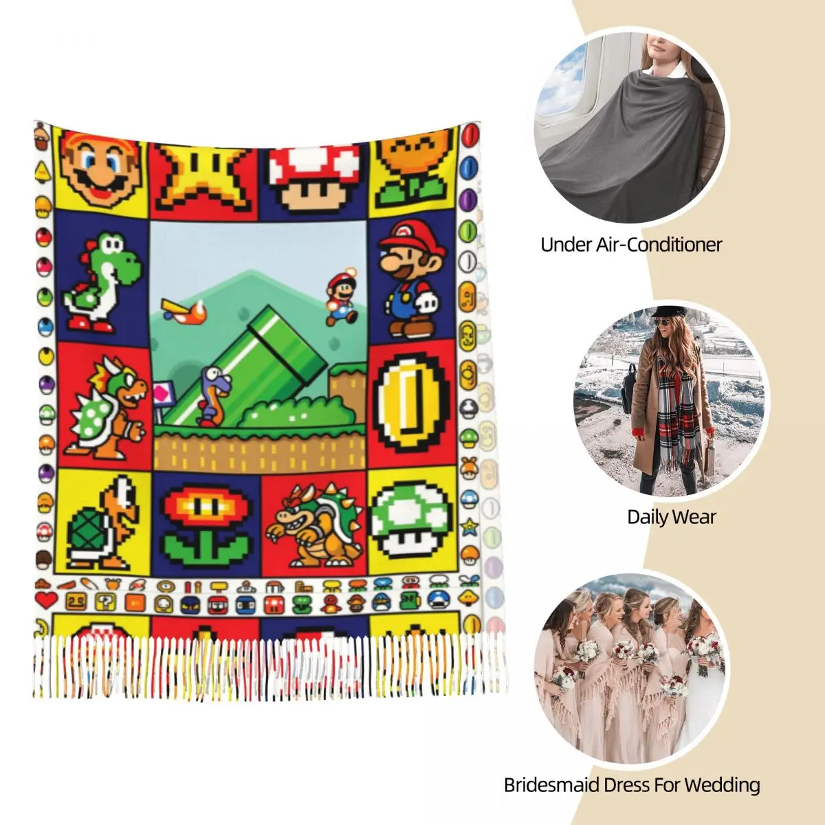 Écharpe femme avec pompon années 90 jeu Marios champignon étoile grand châle doux et chaud Super cadeaux foulards Pashmina