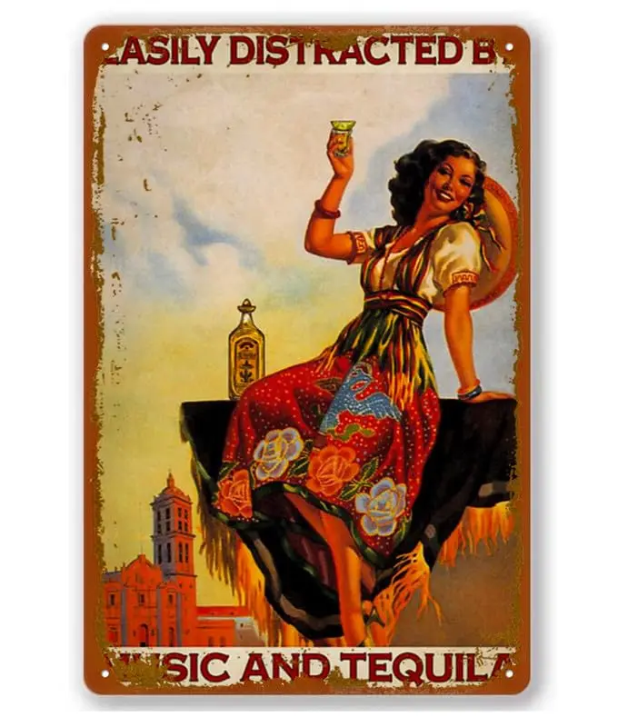 Easily Distracted By Music And Tequila Gift Girl Love Music Tequila Vintage Metal Tin Signs Vintage Aluminum Signs Home Decor Ro