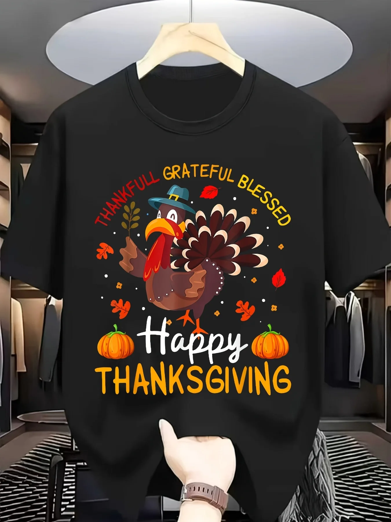 Men's Retro Thanksgiving TShirt Thankful Grateful Blessed Turkey Family Autumn Fall Theme with Pumpkins Leaves Print Casual Short Sleeve Shirt (SXXXL)  for YearRetro Casual Crew Neck Printed T-Shirt, PLUS SIZE